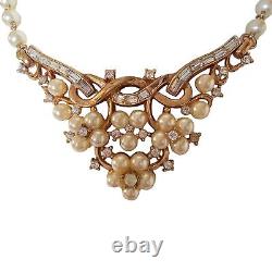 Vintage Signed Trifari Alfred Philippe Gold Tone Necklace Faux Pearls Rhinestone