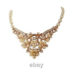 Vintage Signed Trifari Alfred Philippe Gold Tone Necklace Faux Pearls Rhinestone