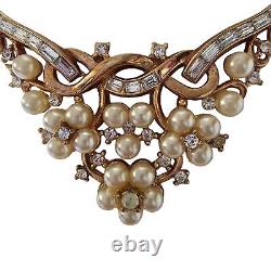 Vintage Signed Trifari Alfred Philippe Gold Tone Necklace Faux Pearls Rhinestone