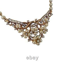 Vintage Signed Trifari Alfred Philippe Gold Tone Necklace Faux Pearls Rhinestone