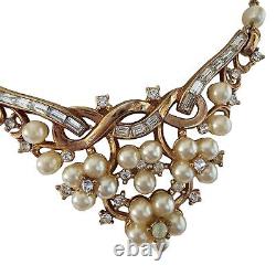Vintage Signed Trifari Alfred Philippe Gold Tone Necklace Faux Pearls Rhinestone