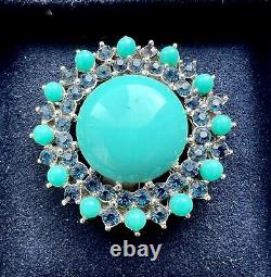 Vintage Signed Trifari Crown Faux Turquoise Brooch