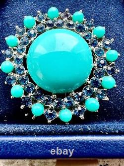 Vintage Signed Trifari Crown Faux Turquoise Brooch