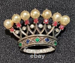 Vintage Sterling Trifari Crown Pin 1 5/8 Alfred Philippe Jewels Faux Pearl