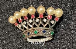 Vintage Sterling Trifari Crown Pin 1 5/8 Alfred Philippe Jewels Faux Pearl