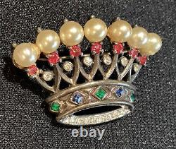 Vintage Sterling Trifari Crown Pin 1 5/8 Alfred Philippe Jewels Faux Pearl