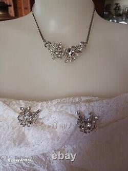 Vintage TRIFARI 1950s Alfred Philippe Silver Floral Necklace Brooch Earrings Set