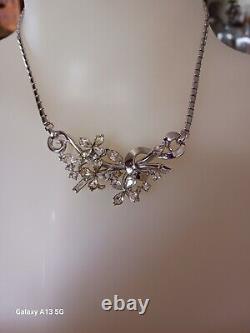 Vintage TRIFARI 1950s Alfred Philippe Silver Floral Necklace Brooch Earrings Set