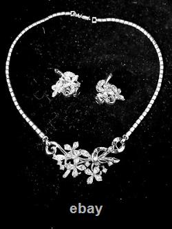 Vintage TRIFARI 1950s Alfred Philippe Silver Floral Necklace Brooch Earrings Set