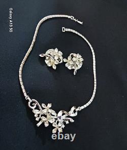 Vintage TRIFARI 1950s Alfred Philippe Silver Floral Necklace Brooch Earrings Set