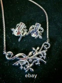 Vintage TRIFARI 1950s Alfred Philippe Silver Floral Necklace Brooch Earrings Set