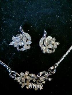 Vintage TRIFARI 1950s Alfred Philippe Silver Floral Necklace Brooch Earrings Set