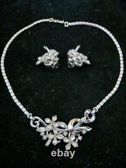 Vintage TRIFARI 1950s Alfred Philippe Silver Floral Necklace Brooch Earrings Set