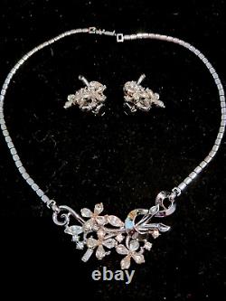 Vintage TRIFARI 1950s Alfred Philippe Silver Floral Necklace Brooch Earrings Set