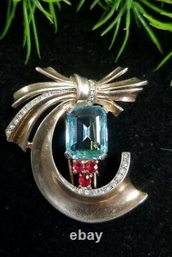 Vintage TRIFARI/Alfred PHILIPPE Sterling Sign Fur Clip Unfoiled Aquamarine Ruby