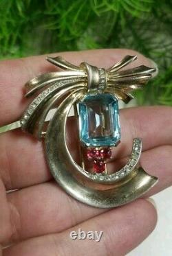 Vintage TRIFARI/Alfred PHILIPPE Sterling Sign Fur Clip Unfoiled Aquamarine Ruby