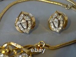 Vintage TRIFARI Alfred Philippe 1950's Rhinestone Gold Tone Necklace & Earrings