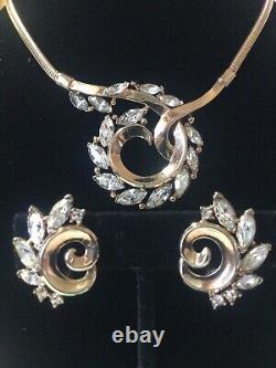 Vintage TRIFARI Alfred Philippe 1950's Rhinestone Gold Tone Necklace & Earrings