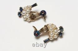 Vintage TRIFARI Alfred Philippe Blue Glass Faux Pearl Crystal Duck Brooches