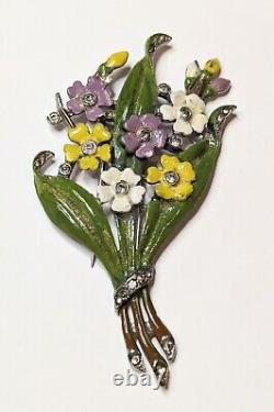Vintage TRIFARI Alfred Phillipe sign Flowers Bouquet Enamel Brooch/Fur Clip