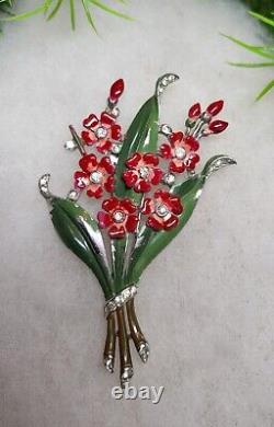 Vintage TRIFARI Alfred Phillipe sign Red Flowers Bouquet Enamel RS Fur Clip