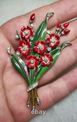 Vintage TRIFARI Alfred Phillipe sign Red Flowers Bouquet Enamel RS Fur Clip