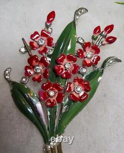 Vintage TRIFARI Alfred Phillipe sign Red Flowers Bouquet Enamel RS Fur Clip