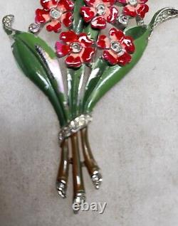 Vintage TRIFARI Alfred Phillipe sign Red Flowers Bouquet Enamel RS Fur Clip