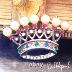 Vintage TRIFARI PHILIPPE Sterling Silver Jeweled Rhinestone Crown Pin Signed