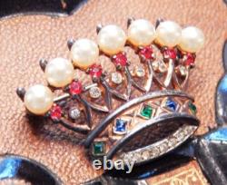 Vintage TRIFARI PHILIPPE Sterling Silver Jeweled Rhinestone Crown Pin Signed