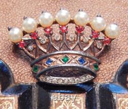 Vintage TRIFARI PHILIPPE Sterling Silver Jeweled Rhinestone Crown Pin Signed