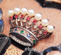 Vintage TRIFARI PHILIPPE Sterling Silver Jeweled Rhinestone Crown Pin Signed