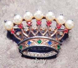 Vintage TRIFARI PHILIPPE Sterling Silver Jeweled Rhinestone Crown Pin Signed