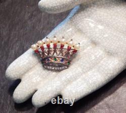 Vintage TRIFARI PHILIPPE Sterling Silver Jeweled Rhinestone Crown Pin Signed