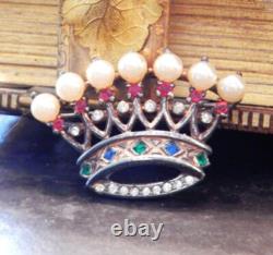 Vintage TRIFARI PHILIPPE Sterling Silver Jeweled Rhinestone Crown Pin Signed