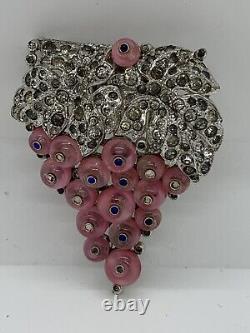Vintage Trifari Alfred Philippe 1940s Signed Pink Glass Grapes Brooch Fur Clip