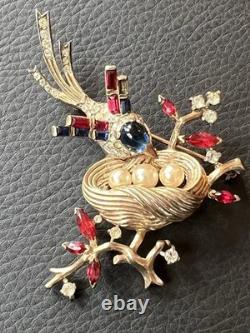 Vintage Trifari Alfred Philippe Bird Nest Sterling Silver Rhinestone Pin Brooch