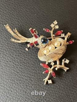 Vintage Trifari Alfred Philippe Bird Nest Sterling Silver Rhinestone Pin Brooch