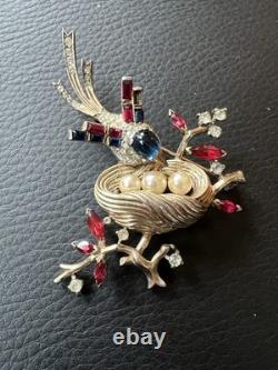 Vintage Trifari Alfred Philippe Bird Nest Sterling Silver Rhinestone Pin Brooch