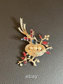 Vintage Trifari Alfred Philippe Bird Nest Sterling Silver Rhinestone Pin Brooch