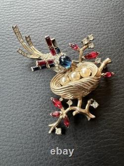 Vintage Trifari Alfred Philippe Bird Nest Sterling Silver Rhinestone Pin Brooch
