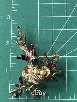 Vintage Trifari Alfred Philippe Bird Nest Sterling Silver Rhinestone Pin Brooch