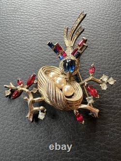 Vintage Trifari Alfred Philippe Bird Nest Sterling Silver Rhinestone Pin Brooch