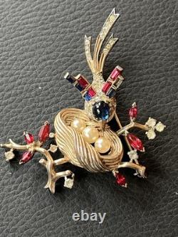 Vintage Trifari Alfred Philippe Bird Nest Sterling Silver Rhinestone Pin Brooch