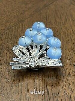 Vintage Trifari Alfred Philippe Brooch Fur Clip Ribbon Bow Milky Blue Glass