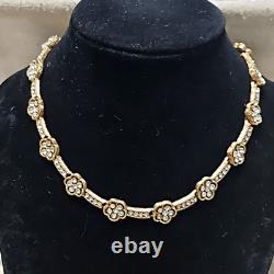 Vintage Trifari Alfred Philippe Brushed Gold Rhinestone Clover Necklace