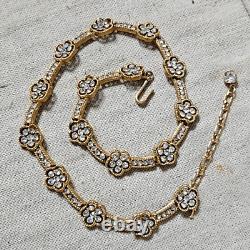Vintage Trifari Alfred Philippe Brushed Gold Rhinestone Clover Necklace