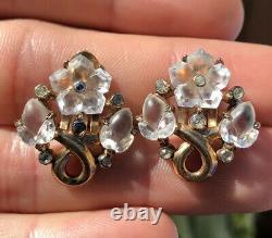 Vintage Trifari Alfred Philippe Carved Rock Crystal Floral Clip Gold Earrings