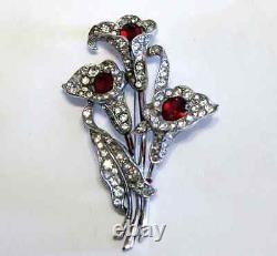 Vintage Trifari Alfred Philippe Clear Red Rhinestone Floral Cala Lillies Brooch