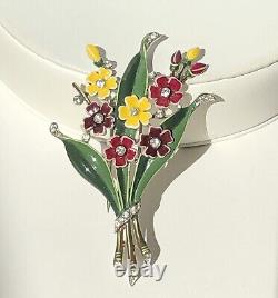 Vintage Trifari Alfred Philippe Enamel Flowers Fur Clip With Rhinestone-Book Piece